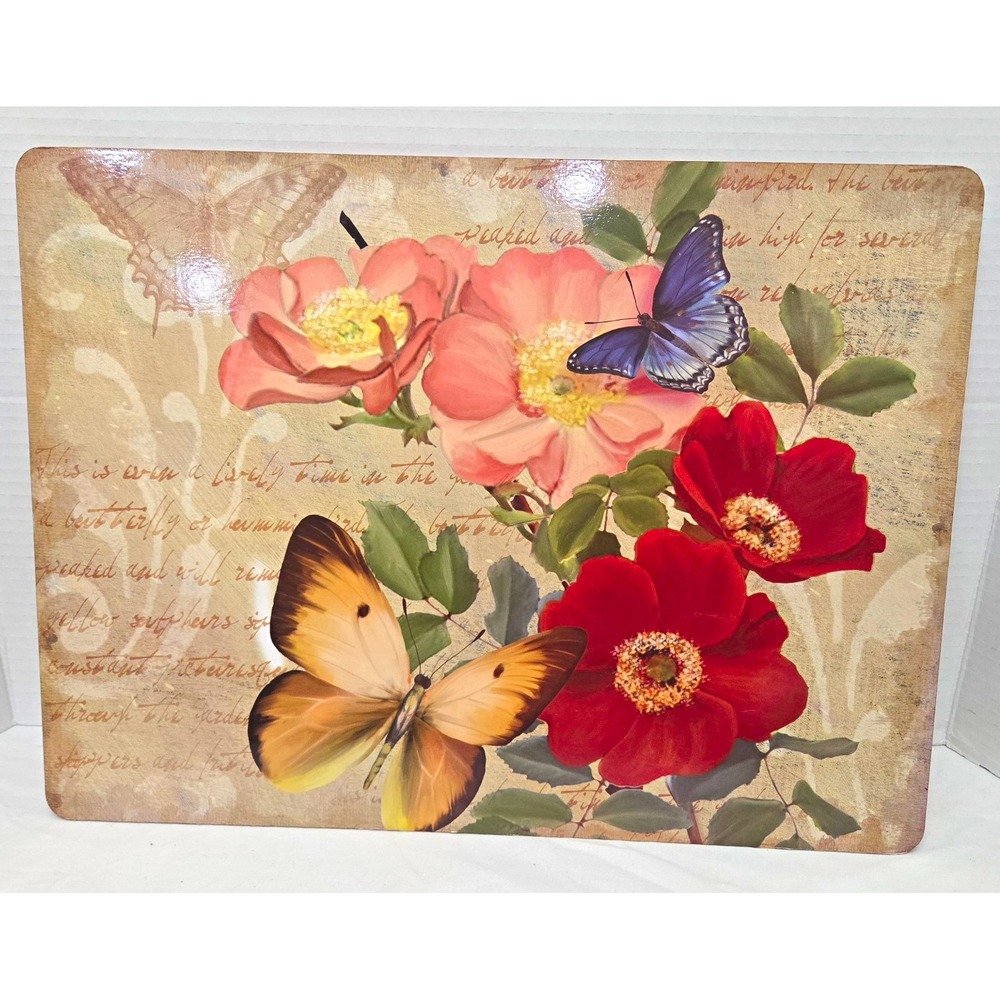Vtg Botanical Cork-Backed Hardboard Placemats - Butterflies & Floral Print Set/4